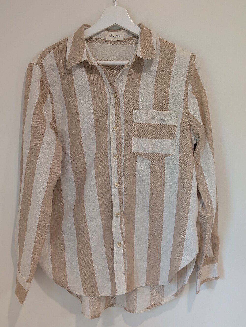 Women's Neutral Striped Button Down Size L - Coastal Beach Boho Minimalist